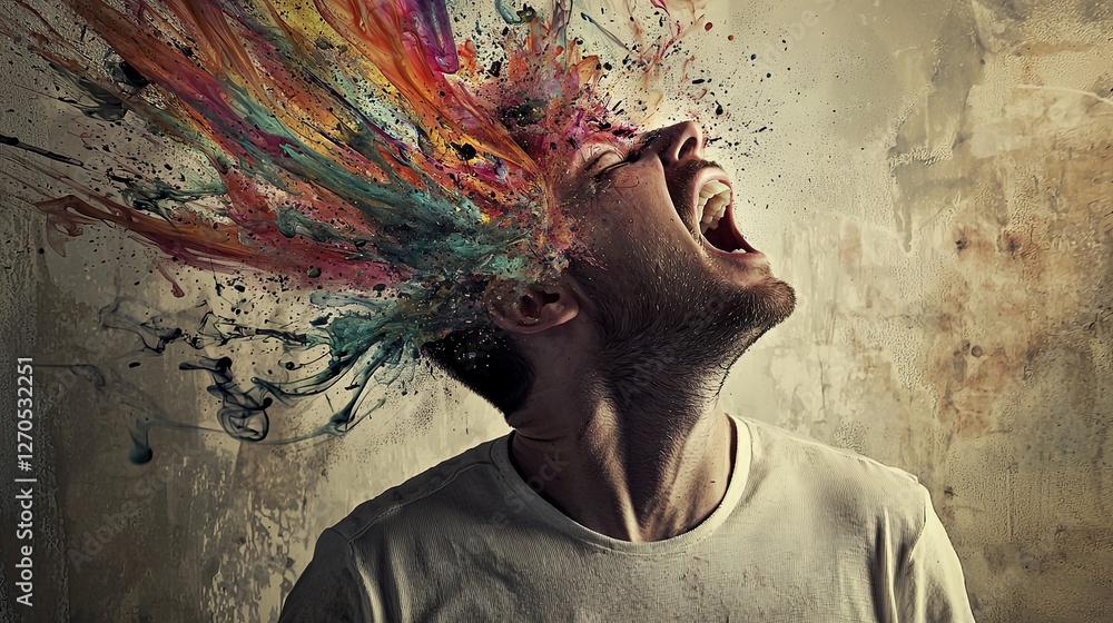 Poster man with colorful explosion of emotion and creativity in art