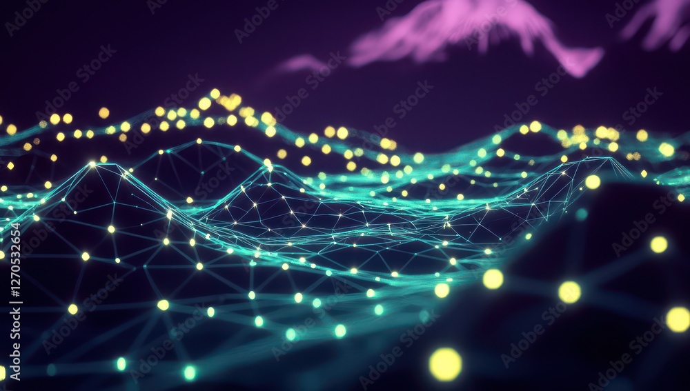 Poster cyber-grid visualized virtually with glowing polygonal pathways.