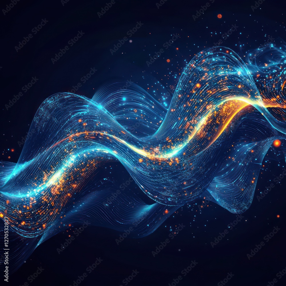 Poster glowing abstract designs visualize virtual energy waves through plexus patterns.