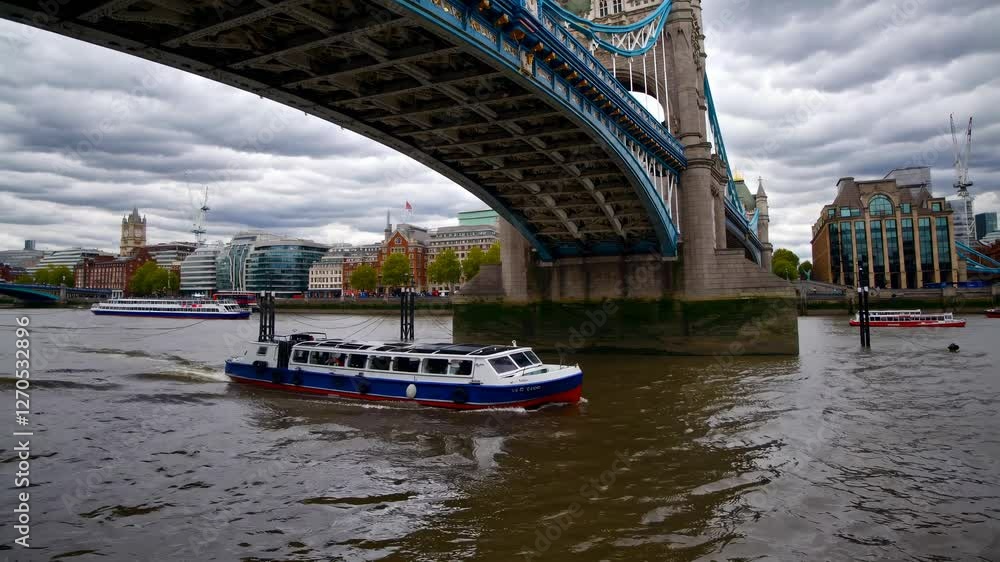 Poster dynamic low-angle video shot of a bridge over a river, capturing architectural details and cityscape