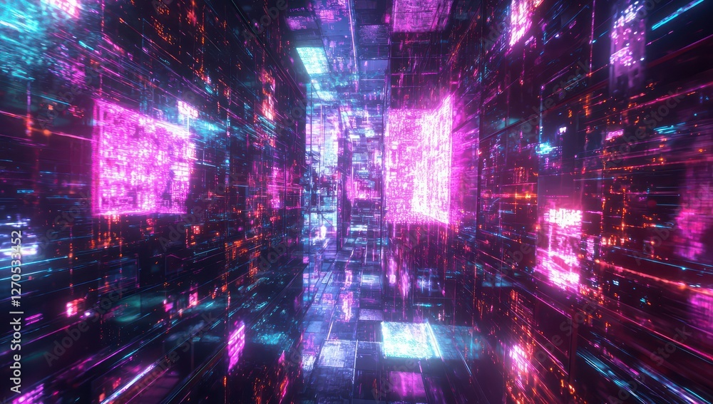 Poster cyber-layered ai visualization displaying the complexity of digital networking.