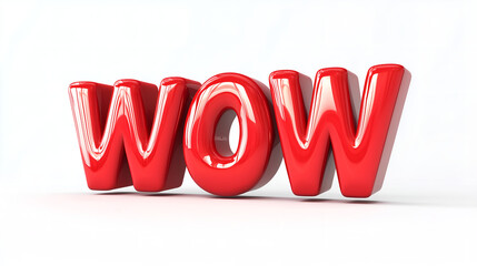 Shiny red 3D text spelling "WOW" on a white background, representing excitement, surprise, and positive expression.