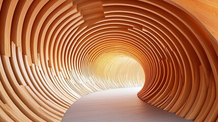 Intricate Wooden Tunnel Design with Curved Lines and Warm Light