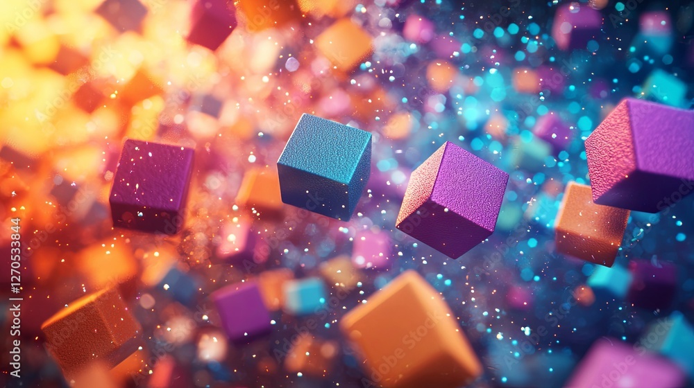 Poster colorful 3d cubes floating in space with sparkles and light effects
