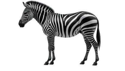 Full shot of a zebra, standing in a neutral pose.  The zebra's coat features distinctive black and white vertical stripes, covering its body, legs, and head.  The stripes exhibit a complex pattern, 