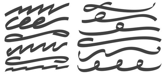 Vector curly strokes. Swoosh underlines with calligraphic hand drawn strokes. Decorative highlight black dividers and curve wavy elements on white background. Squiggle paint marks.