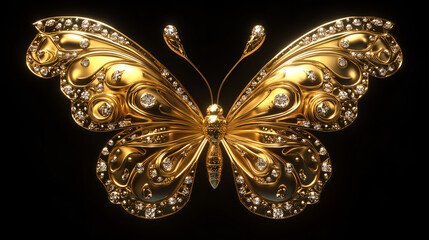 Fototapeta premium Luxurious golden butterfly with intricate details and sparkling diamonds on a dark background, symbolizing elegance.