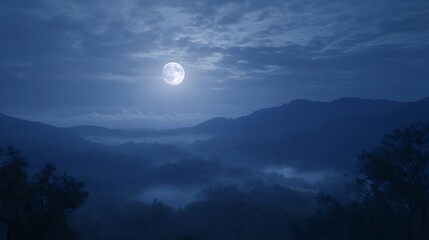 Fototapeta premium Full Moon Over Misty Mountain Ranges At Night