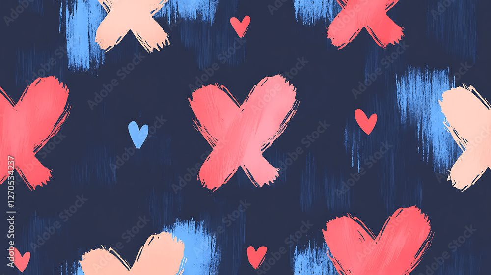 Poster abstract affection xo pattern with blue heart on navy backdrop brush stroke design expression