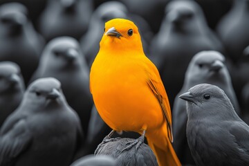 Vibrant yellow bird among dark feathers wildlife observation natural habitat close-up view