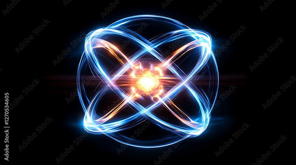 Poster abstract atomic nucleus with energy emission and quantum field of concentric glowing orbits
