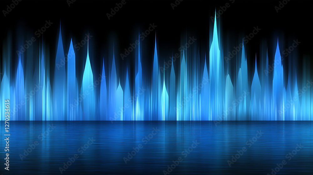 Poster abstract aurora lights with reflection in water creating an illusion of urban skyline design
