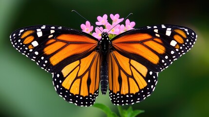 Fototapeta premium Monarch butterfly pollinating flowers garden nature photography vibrant colors close-up beauty of wildlife
