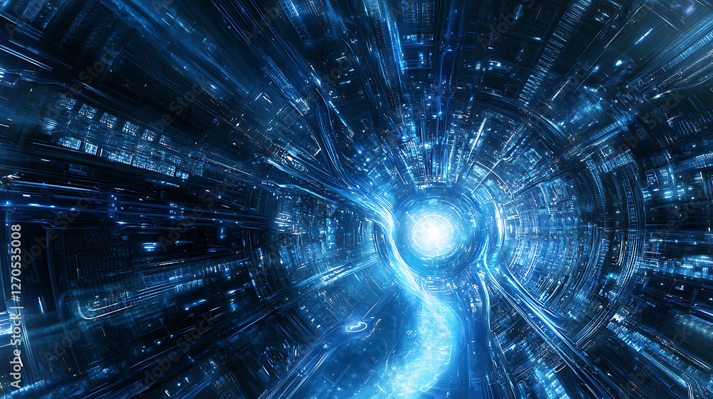 Poster abstract blue light tunnel with technological design and futuristic energy source visualization