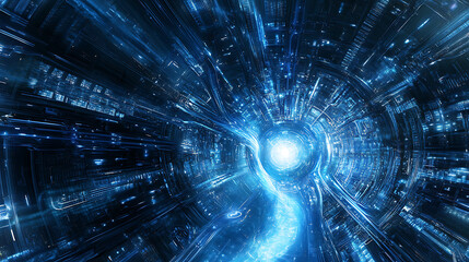 Abstract Blue Light Tunnel with Technological Design and Futuristic Energy Source Visualization
