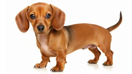 Playful dachshund dog standing on white background animal portrait studio setting cute and charming vibe