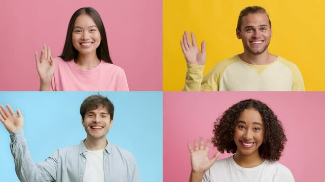 A cheerful collection of diverse people waving hello against vibrant pastel backgrounds. Each person shares a friendly greeting, showcasing unity in diversity.