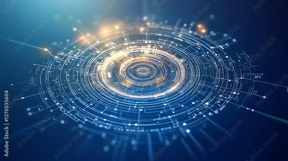 Poster abstract circular technology network connection visualization in blue and yellow hues