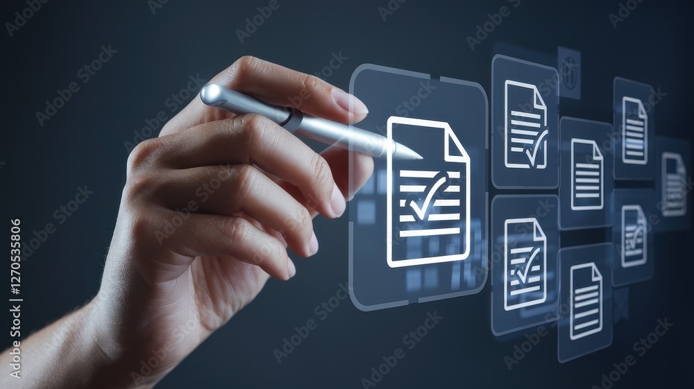Poster hand interacts with a document and check mark icon