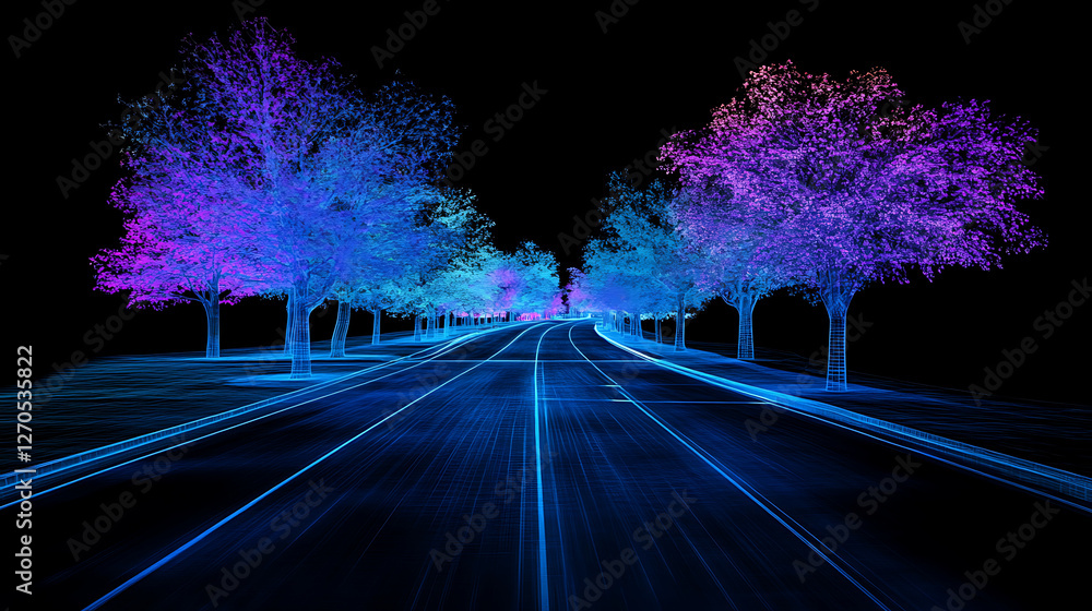 Aufkleber abstract cityscape with illuminated trees and blue roadway rendering in cyberpunk style