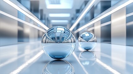 Reflective spheres on a glossy surface in a modern interior space