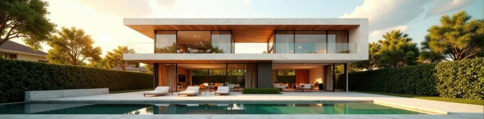 Sleek modernist villa exterior Sunlit facade, geometric lines , villa tugendhat, modern architecture