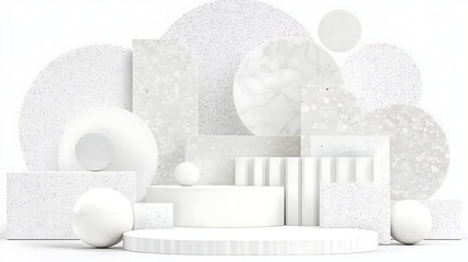 Abstract Composition of White Geometric Shapes and Spheres for Display Purposes Artful Still Life