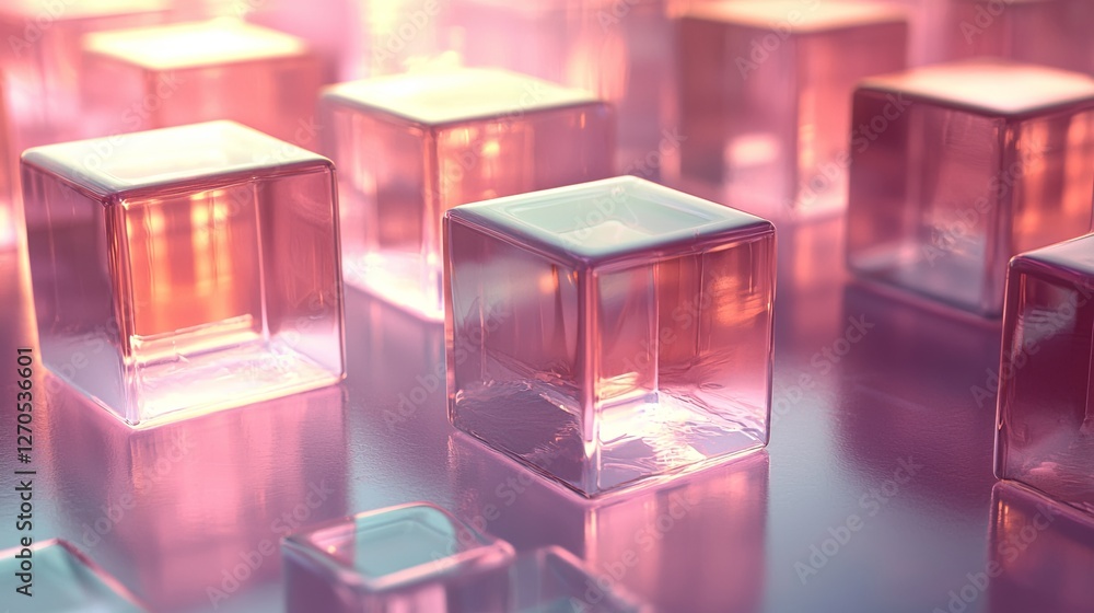 Poster glowing transparent cubes with soft pink reflection on smooth surface
