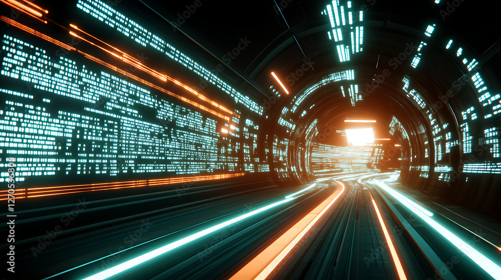 Poster abstract cyberpunk tunnel with data stream and glowing lights creating a futuristic effect