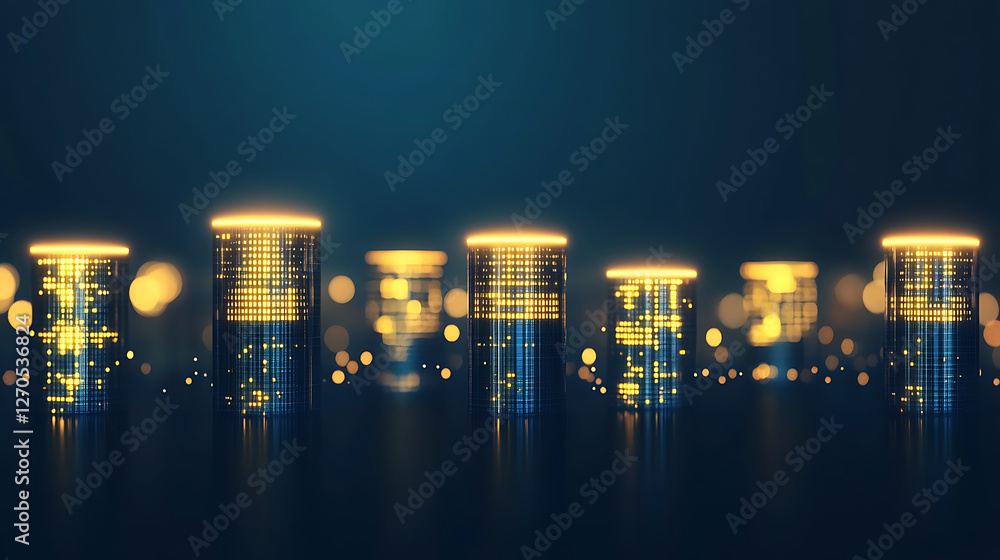 Poster abstract cylindrical structures with glowing dots against dark backdrop for technology themes