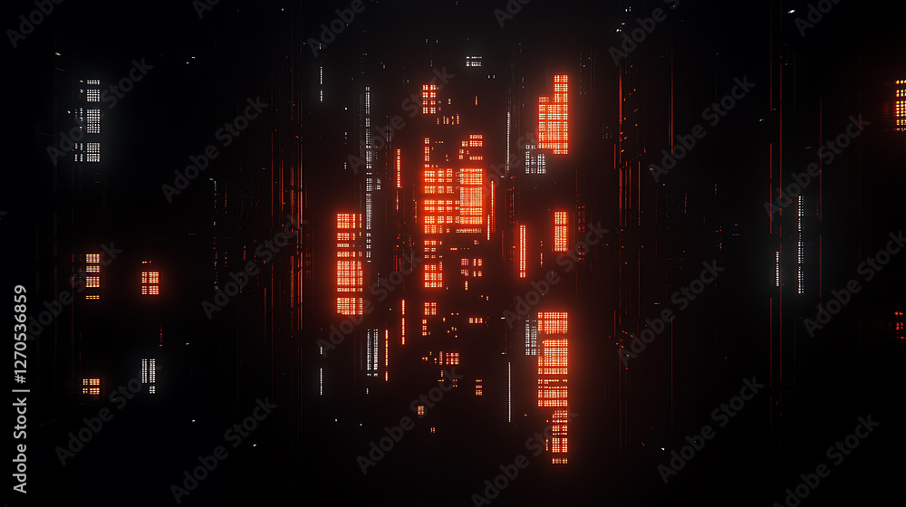 Poster abstract dark cityscape with glowing rectangular patterns and architectural elements and lines