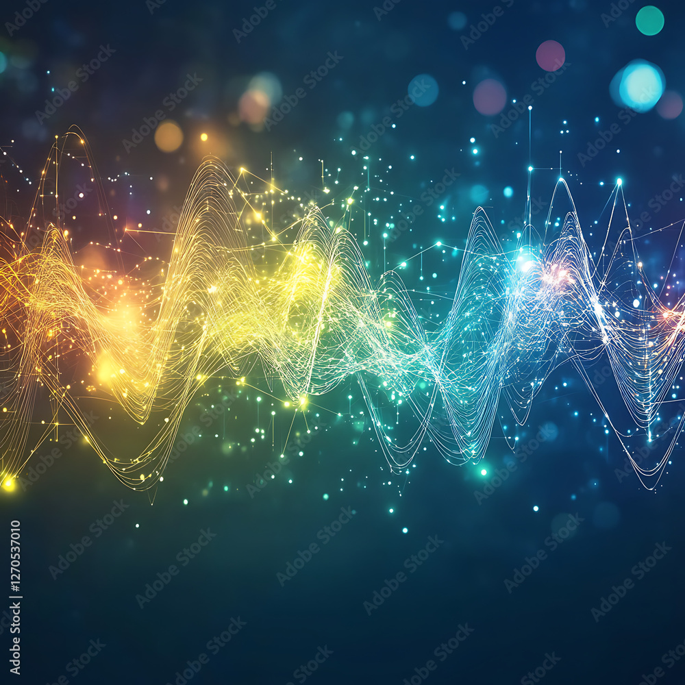 Poster abstract data stream network visualization with connecting points and flowing lines art style
