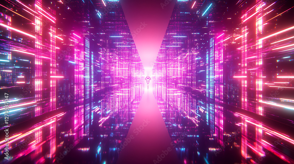 Poster abstract data stream tunnel with geometric lines and light effects for technological presentation