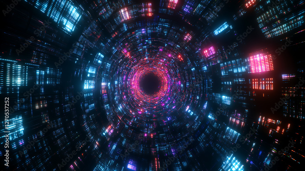 Poster abstract data tunnel with vibrant light patterns and technological structure glowing in the dark