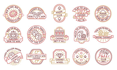 Casino and poker logos, labels, icons. A set of 15 casino logotypes like playing cards, casino wheel, crops. Perfect for branding casinos, gaming business, and poker events. Vector illustration. 