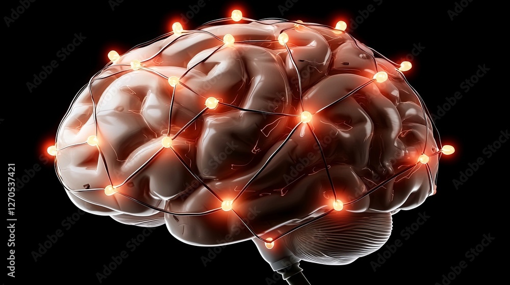 Poster 3d render of human brain with glowing neural connections and nodes