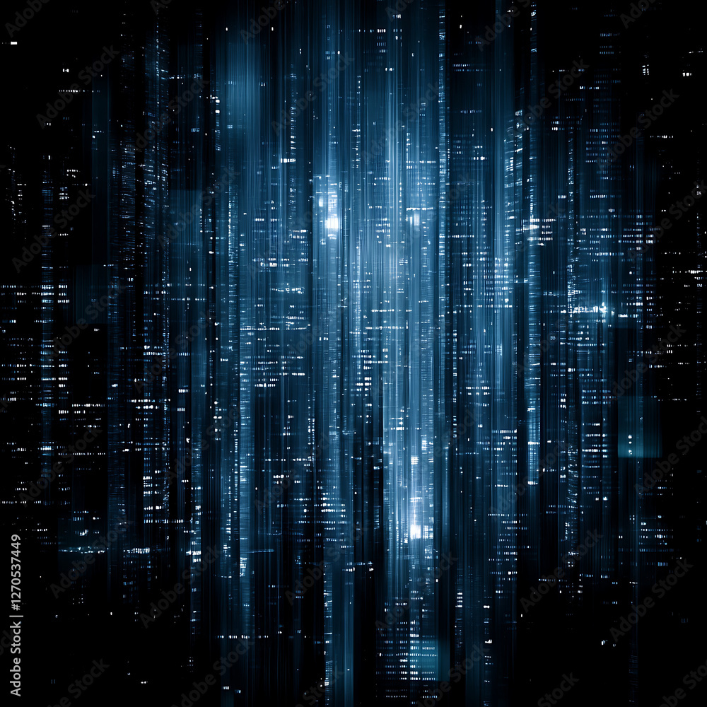 Poster abstract digital data stream visual representation with vertical lines and bright light effects