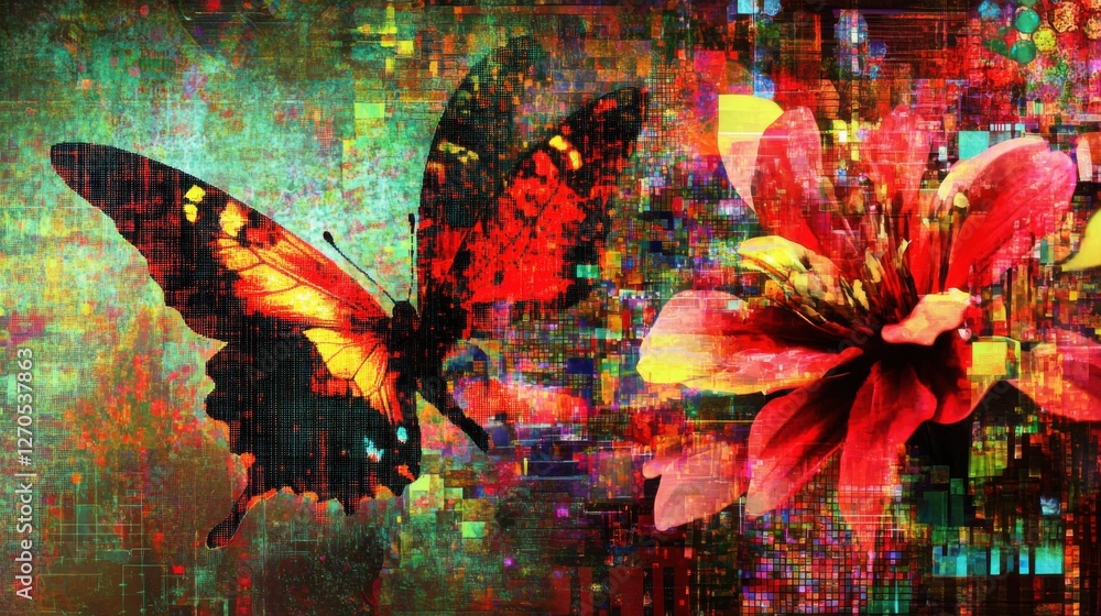 Poster vibrant abstract butterfly and flower artwork with colorful patterns and textures