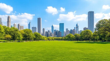 Obraz premium Panoramic view of a vibrant city skyline with lush green park under a bright blue sky