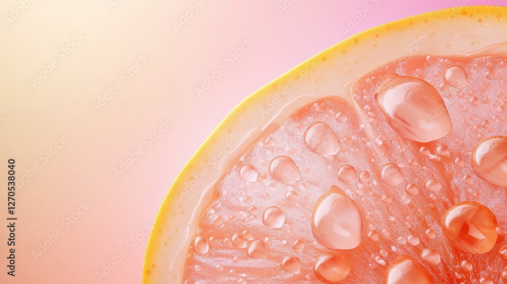 Poster single grapefruit slice covered in tiny juice droplets, illuminated by soft light to enhance the tra