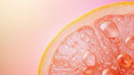  single grapefruit slice covered in tiny juice droplets, illuminated by soft light to enhance the translucency of the pulp. 