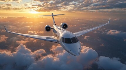 A luxurious private jet soars gracefully high above a stunning cloudscape at sunset time