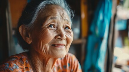 Fototapeta premium Old woman looking into the distance and smiling. Portrait of happy grandmother. Close up Side view Slow motion.