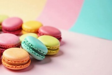 Obraz premium A delightful assortment of pastel-colored macarons arranged on a soft pink surface, set against a backdrop of subtly blended pastel hues.