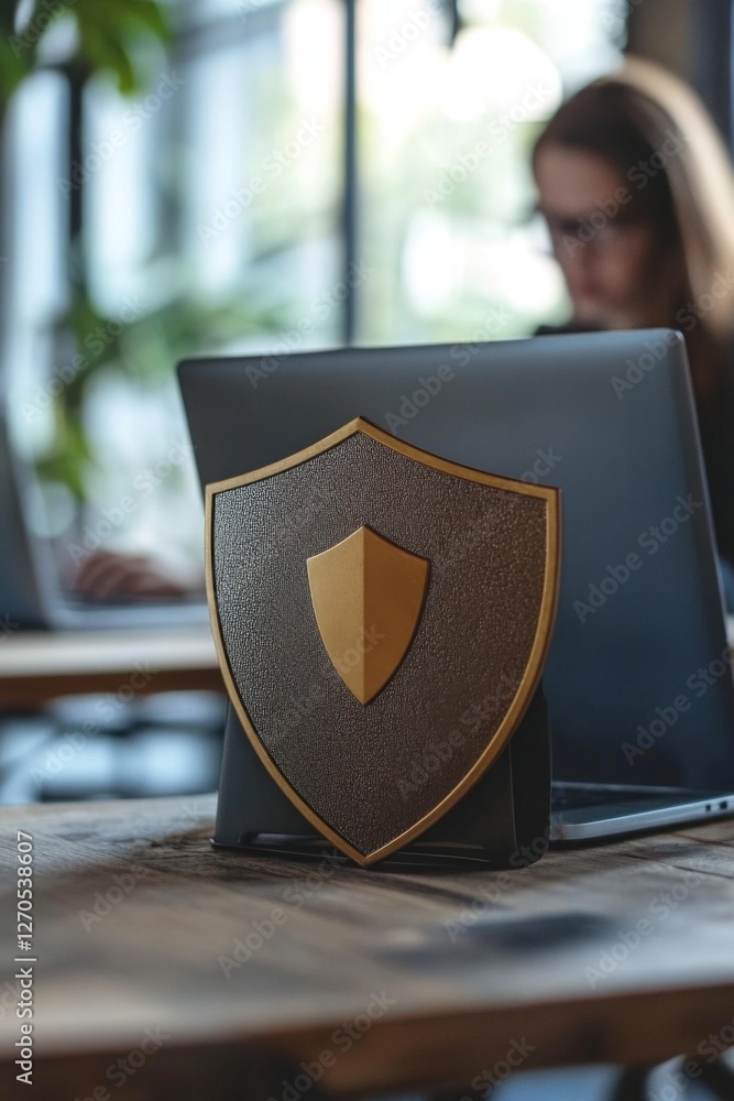 Aufkleber modern workspace features a decorative shield symbolizing security in a busy office environment