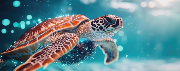 Fototapeta premium Plastic pollution idea. A vibrant sea turtle swimming gracefully in clear ocean water.