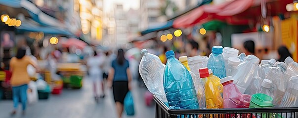 Naklejka premium Plastic pollution idea. A close-up of a bin filled with plastic bottles in a bustling market street.