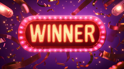 Retro style illuminated winner sign with falling confetti announcement