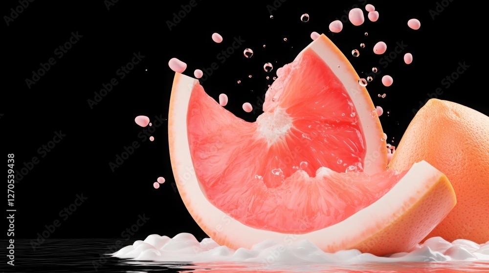 Poster A dynamic splash of grapefruit juice and segments bursting into the air, frozen in time against a deep black background. 