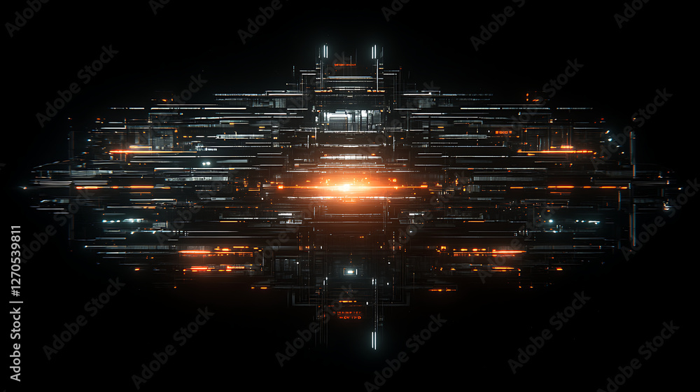 Poster abstract futuristic structure glowing with technology and complex geometric arrangements on black